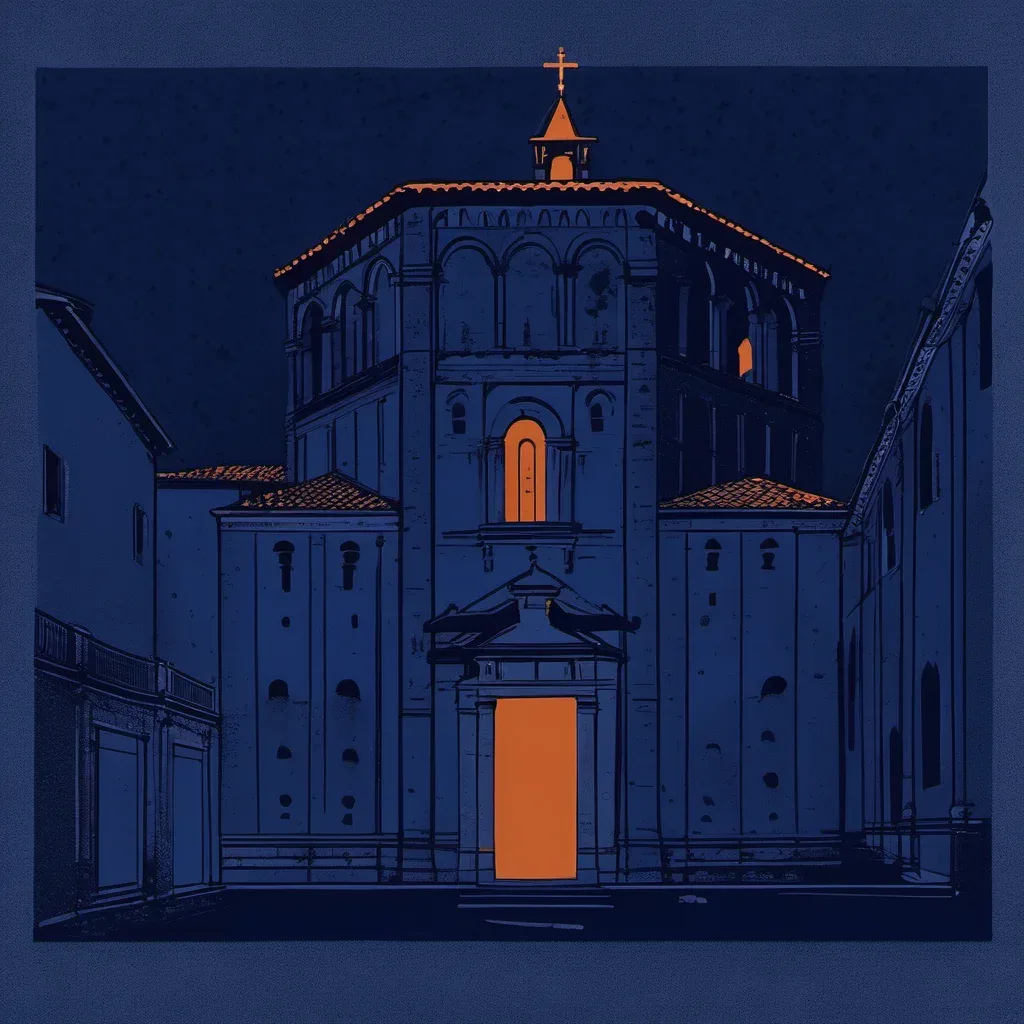 Low-angle exterior view of the octagonal tiburio and square lantern of the Ascoli Piceno baptistery, showing travertine coursing and 12th-century blind arcades against the sky.
