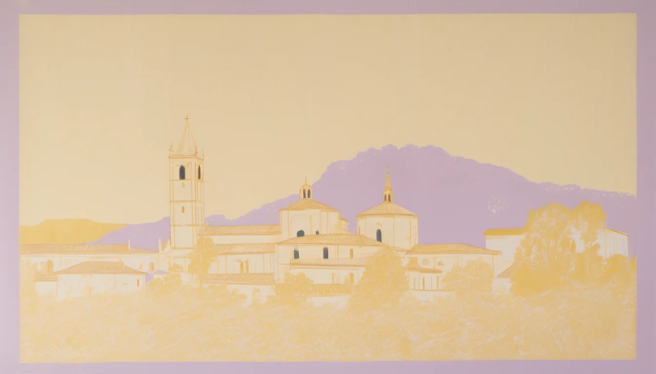 Cutaway illustration of the underground crypt beneath Ascoli Piceno's cathedral, seen from the top of a descending stair: a low stone chamber containing the saint's tomb, with the cathedral floor