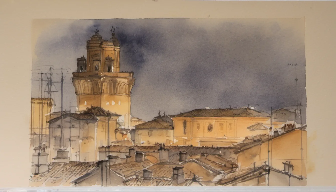 Illustration of the cylindrical brick observatory tower of the Museo della Specola rising above the rooftop of Palazzo Poggi in Bologna, against a dusty blue sky.