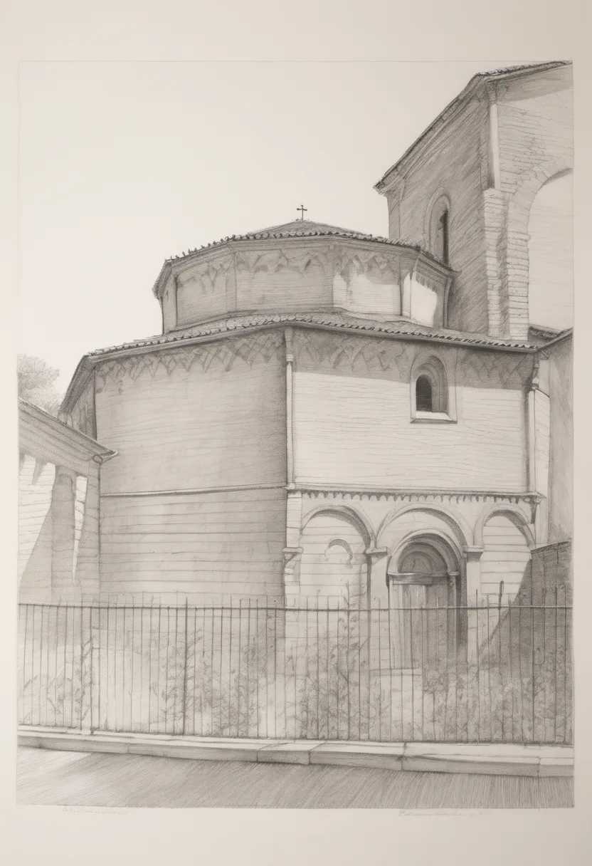 Illustration of the Cortile di Pilato: Romanesque brick arcades on two sides of a grassy courtyard, a round stone basin on a pedestal at the centre, and a carved stone rooster under the portico.