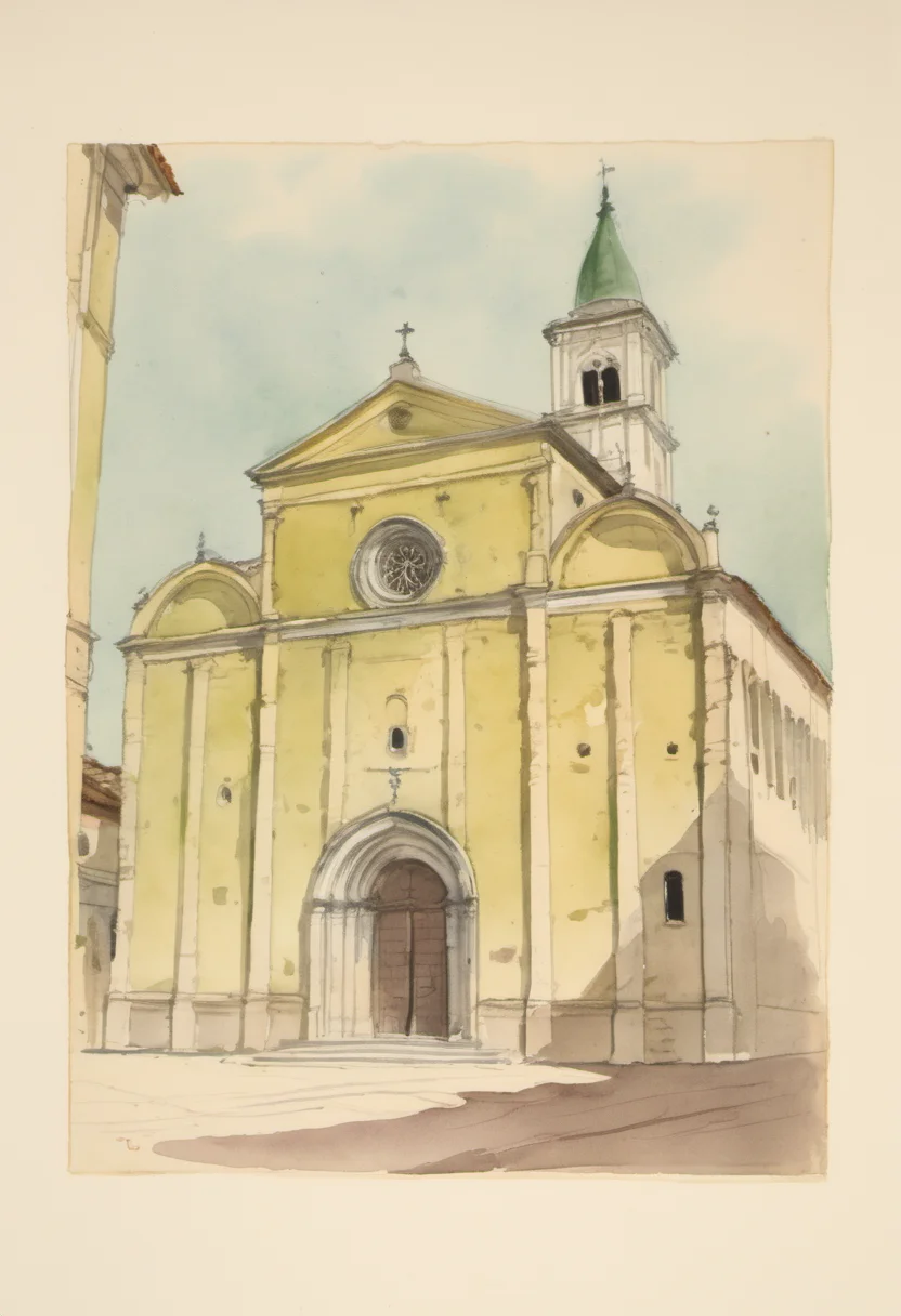 Plain brick cathedral façade divided by eight pilaster strips, with a triangular pediment, two semicircular tympana and a central round window framed by a carved frieze; a tall bell tower with a