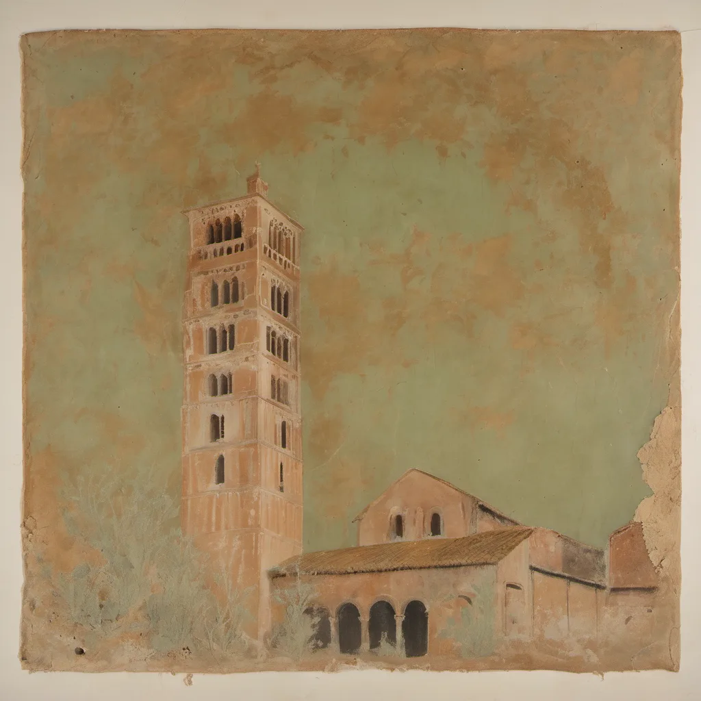 Low-angle view of Pomposa Abbey's terracotta-brick narthex, three round arches and ceramic oculi, with the tall Romanesque campanile rising behind against a pale sky and marsh reeds in the foreground.