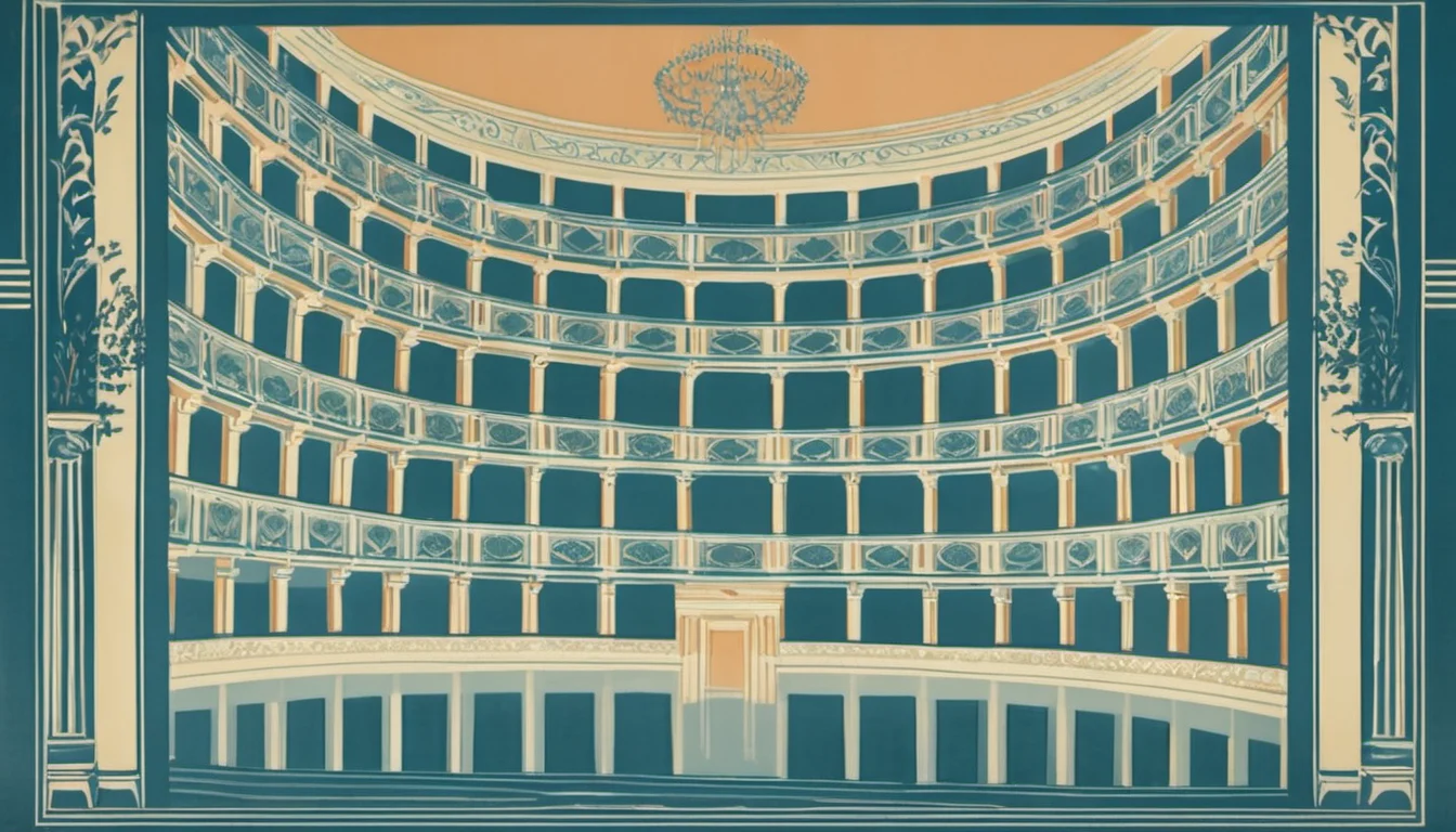 Interior of Teatro dell’Aquila: horseshoe-shaped auditorium with five tiers of boxes, a large central chandelier, and a ceiling fresco depicting Apollo, Jove, and other mythological figures.