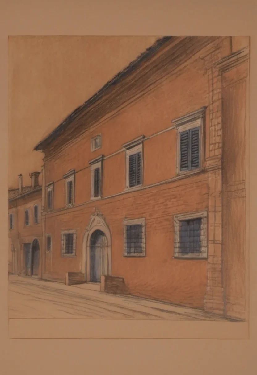 Brick facade in Ferrara with an off-centre arched doorway and shuttered upper windows, viewed from across a narrow street in warm afternoon light.