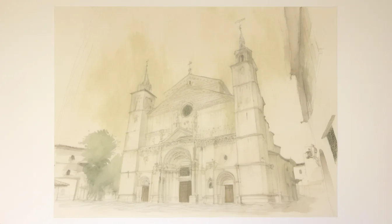 Fidenza Cathedral's Romanesque lower facade, with the central portico held up by thin columns on carved lion bases and the statue of Simon Peter beside the portal, unfinished brick visible above.