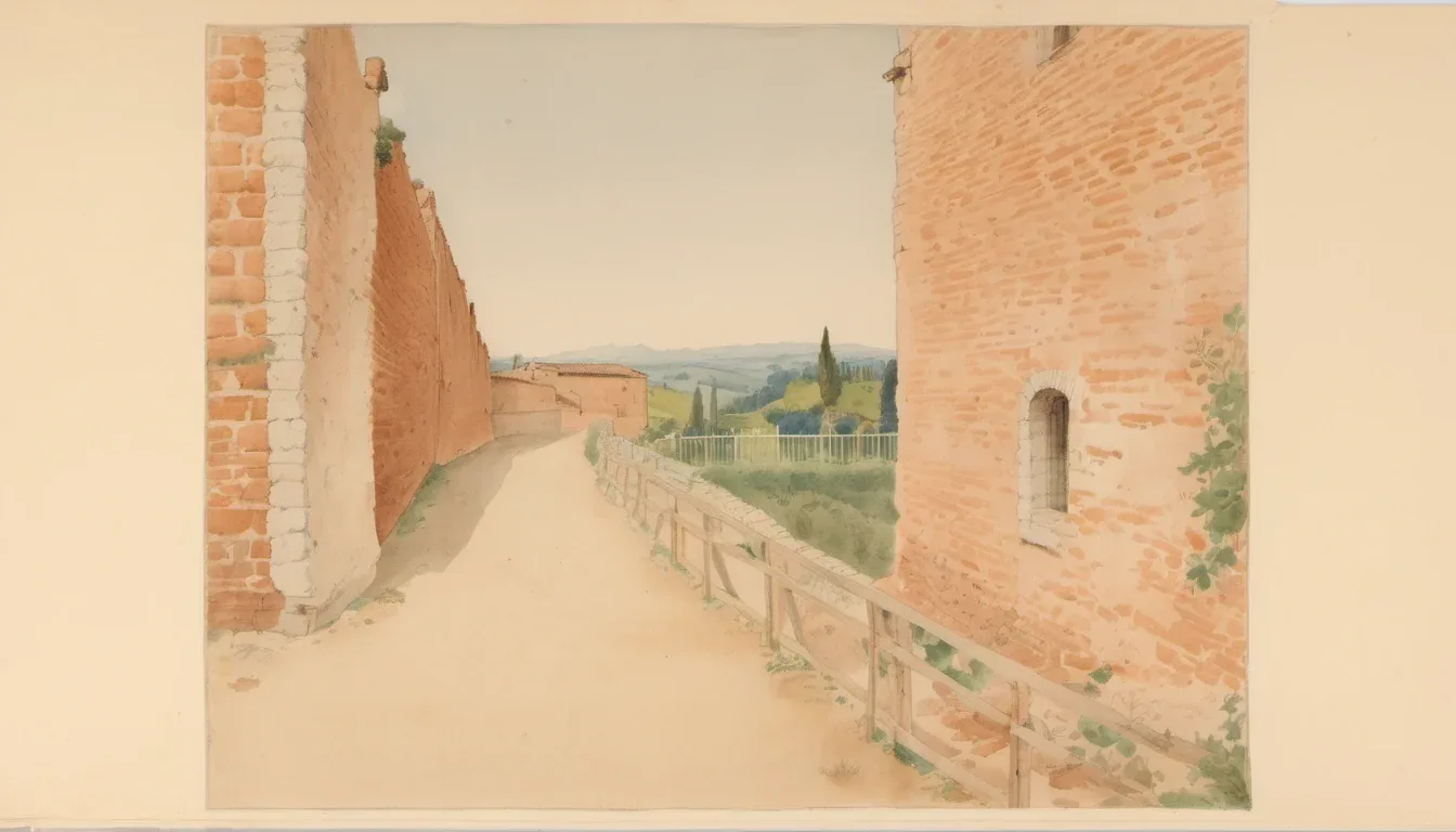 A person on the rampart walk of Rocca di Offagna, looking out over the quadrangular fortification, the tufa outcrop, and the Marche hills.