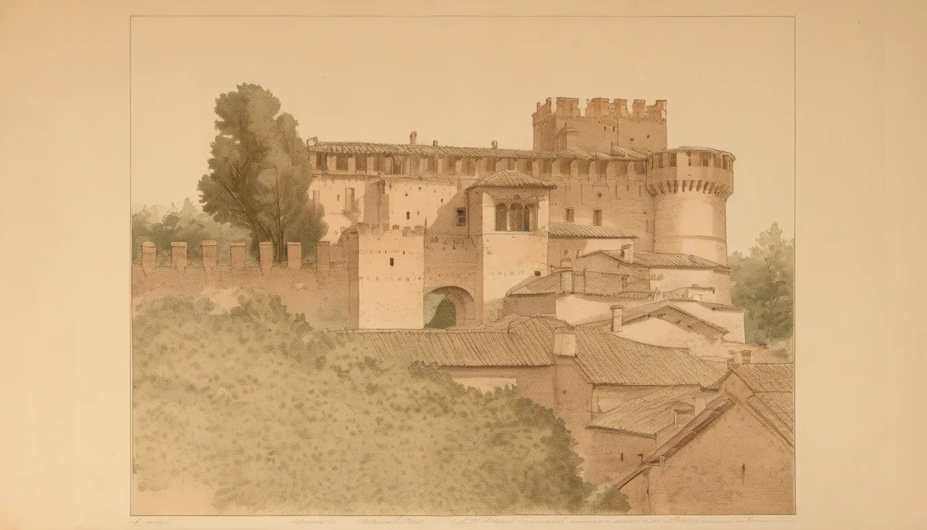 The squared keep and double walls of Gradara castle at dusk, terracotta village roofs clustered below the ramparts against a dusty blue evening sky, seen from the valley road.