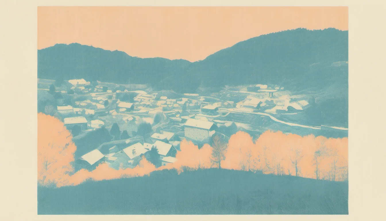 Wide view of Gewerkenegg Castle's stone towers rising above Idrija's terracotta-roofed old town, the Idrijca River in the foreground, late-afternoon light on dusty blue shutters.