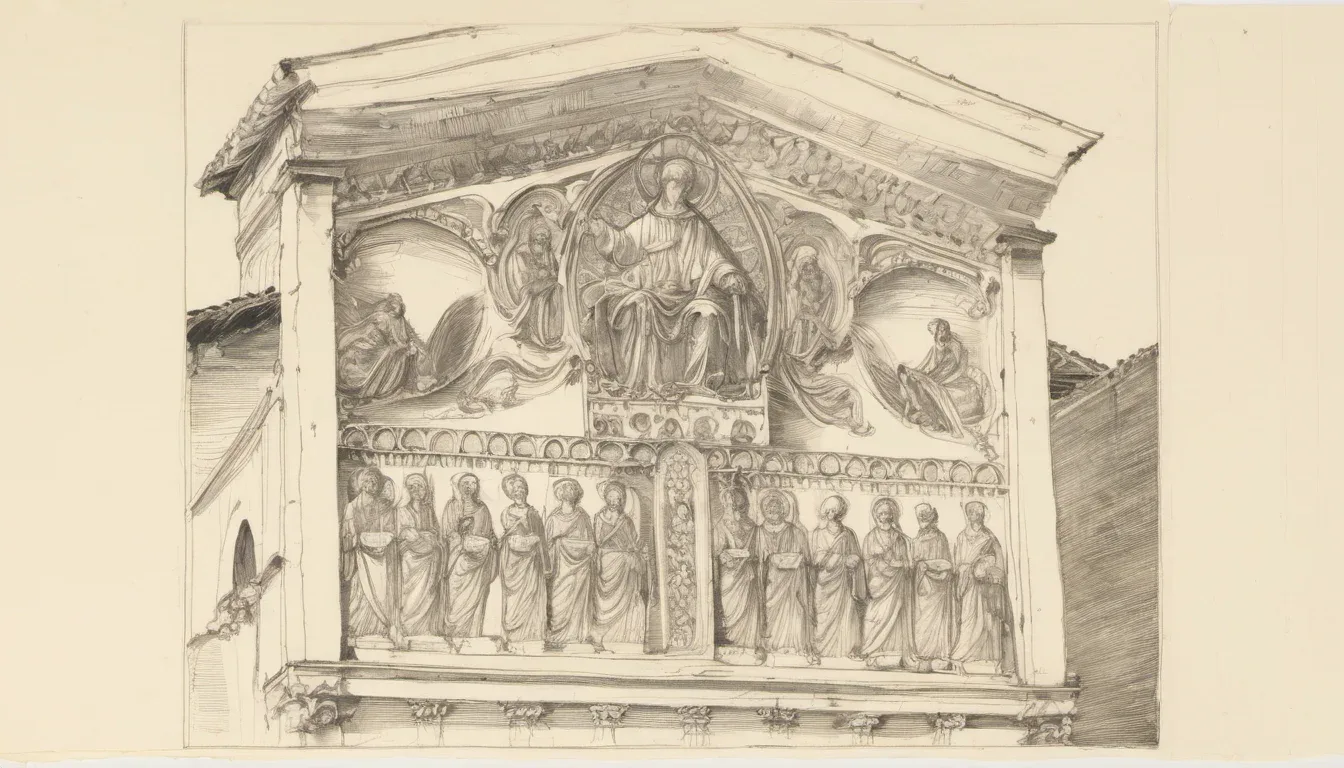 Pale stone facade of Basilica di San Frediano, Lucca, topped by a golden Ascension mosaic with apostles below, tall square bell tower beside it, dusty-blue dawn sky.