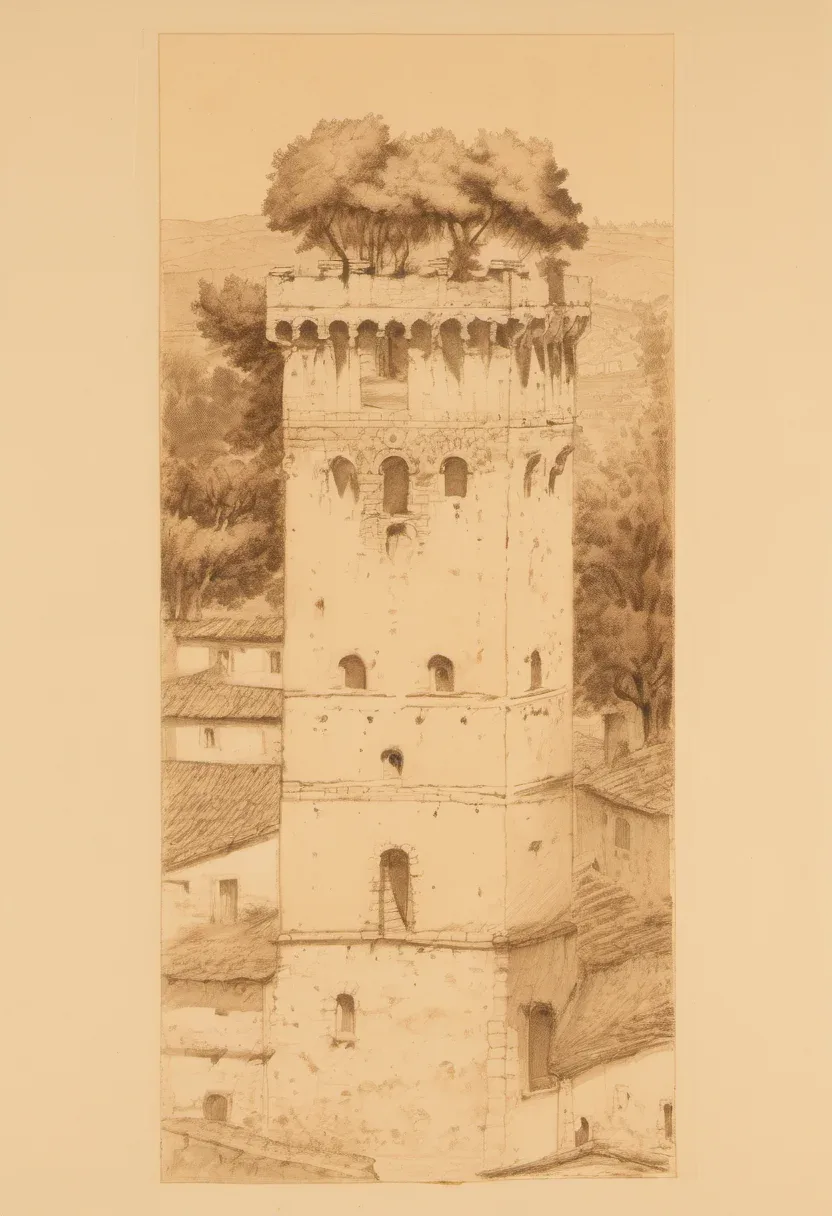 A tall brick medieval tower in Lucca, Italy, topped with a cluster of holm oak trees growing from a walled rooftop garden, seen from a narrow street below.