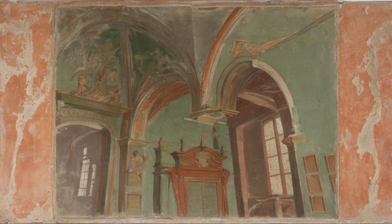 A wood-paneled pharmacy room with a Baroque stuccoed ceiling fresco, antique wooden sales counters, and glass-fronted cabinets holding painted maiolica jars.