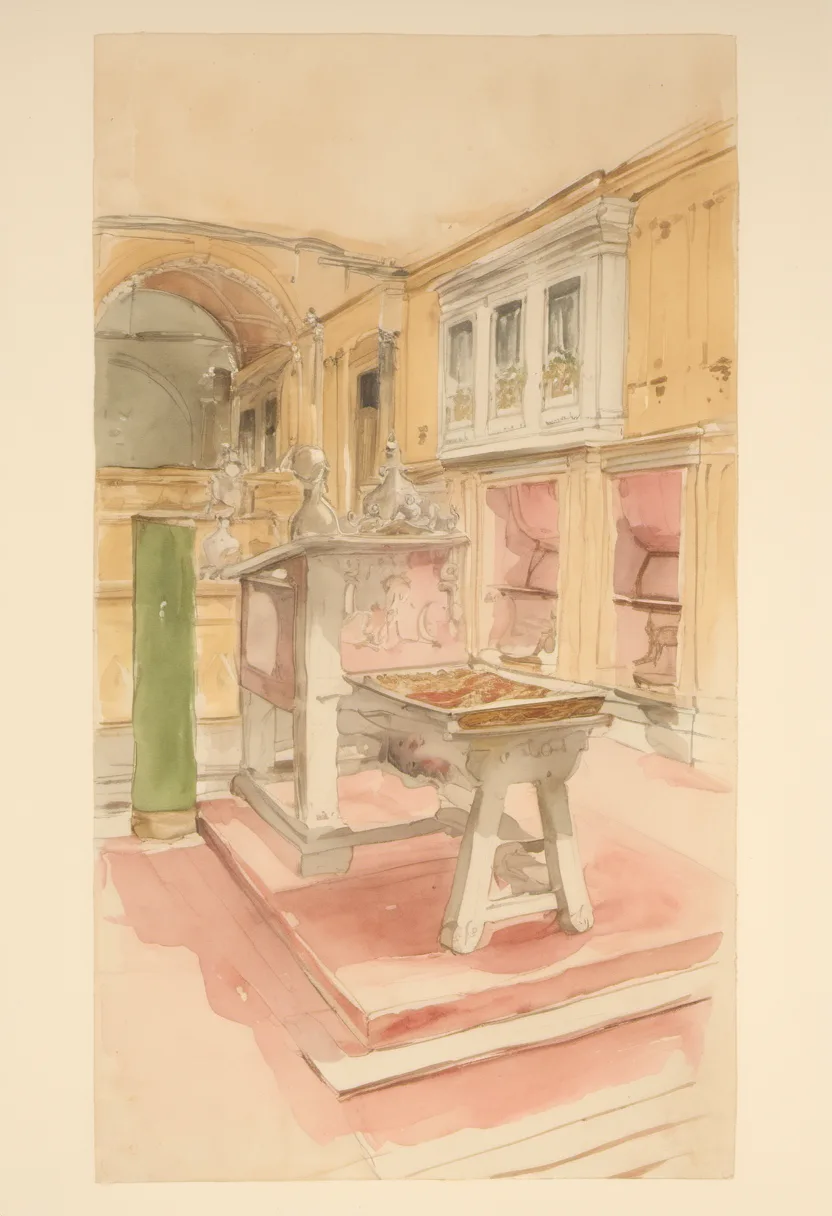 A vaulted museum gallery lined with wooden type cases, bound volumes and printing instruments from Giambattista Bodoni's workshop, soft light along the shelving.