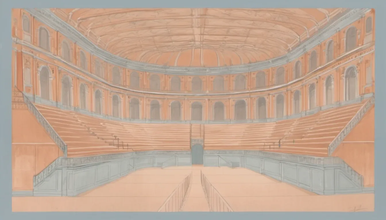 Interior of the Teatro Farnese in Parma: a vast U-shaped wooden theatre with tiered stone-effect steps and two levels of arched serliane, facing a deep stage across an empty hall.
