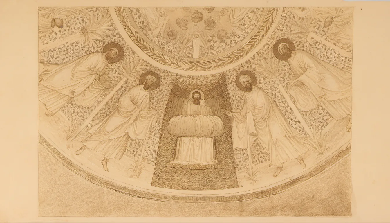Illustration of the octagonal red-brick Arian Baptistery in Ravenna, its low dome rising above a small paved square, sunk slightly below street level.