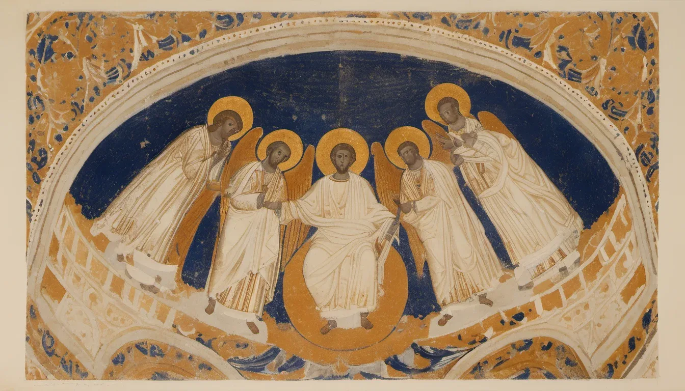 Illustration of the octagonal red-brick exterior of the Basilica of San Vitale in Ravenna, showing its tiered round-arched windows, low domed roofline, and adjacent square bell tower.