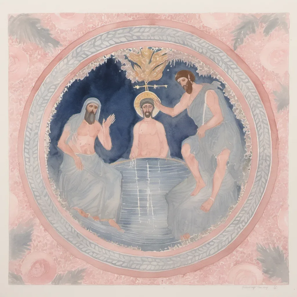 Looking up into the Neonian Baptistery's octagonal dome: gold-robed apostles process in a ring around a central mosaic of Christ's baptism, on deep blue ground above marble-clad walls.