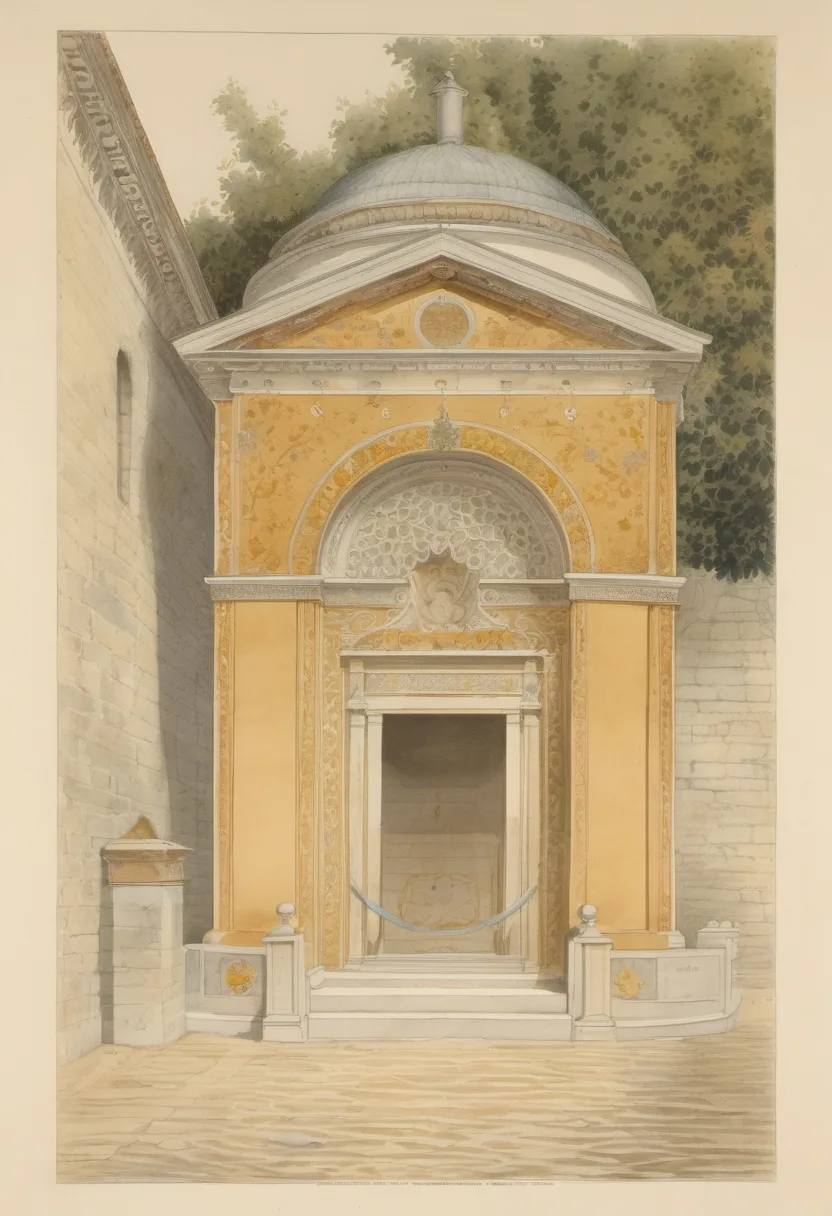 A small square neoclassical monument in Ravenna with a shallow dome, seen through a plain gated archway beneath a coat of arms; inside, a stone sarcophagus rests beneath a hanging lamp.