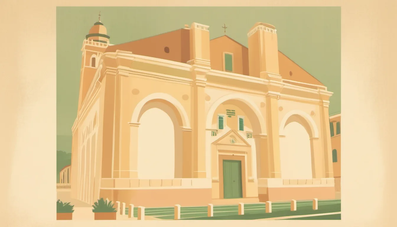 Low-angle view of the Tempio Malatestiano's white marble façade in Rimini, showing its triple-arched entrance, blind side arcades with sarcophagi, and unfinished upper story.