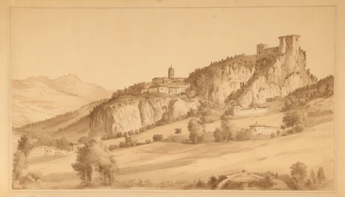 Romanesque stone cathedral on a rocky hilltop, with a square in front and distant mountains in the haze.