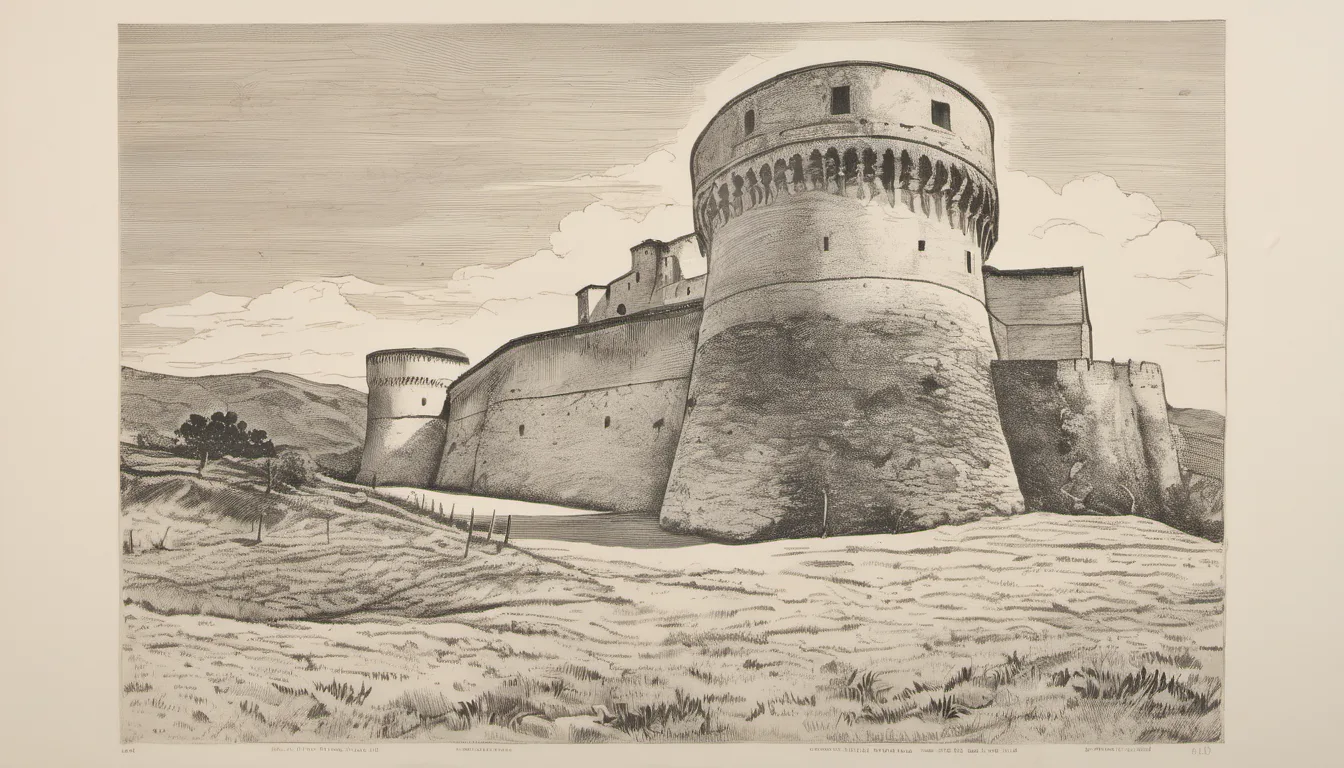 The Fortezza di San Leo perched on a sheer rock outcrop above the Valmarecchia, its square keep and round corbeled towers reading like the bow and stern of a stone ship.