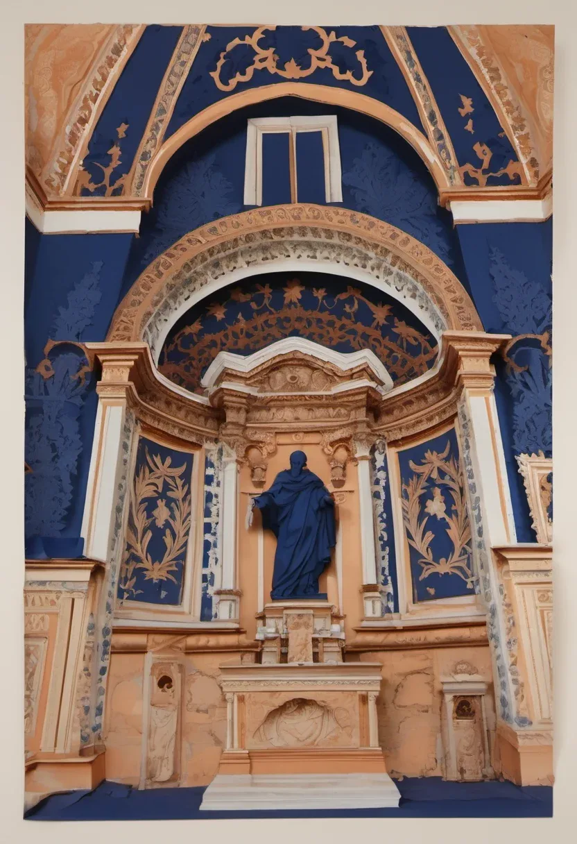 A stone-clad chapel interior showing a life-size stucco nativity scene under a modelled hut, with sculpted angels covering the vaulted ceiling above.